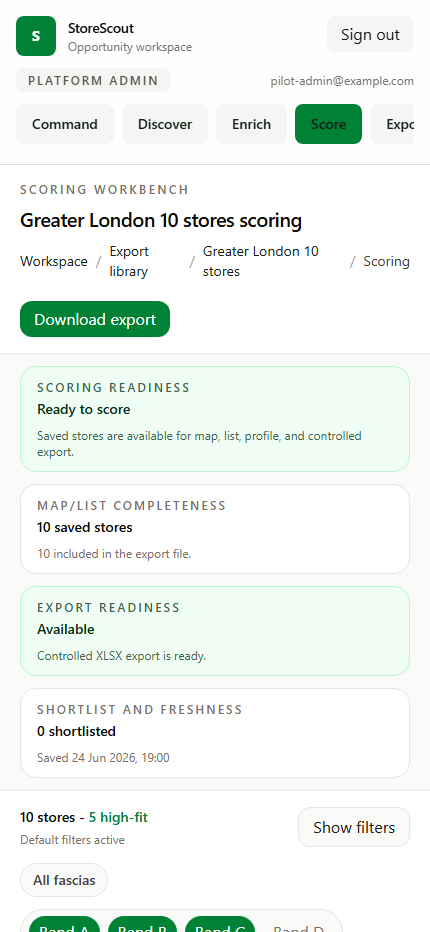 StoreScout scoring workbench on a mobile viewport.